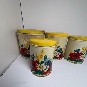 Antique Floral Four Tin Canister Set with Yellow Lids